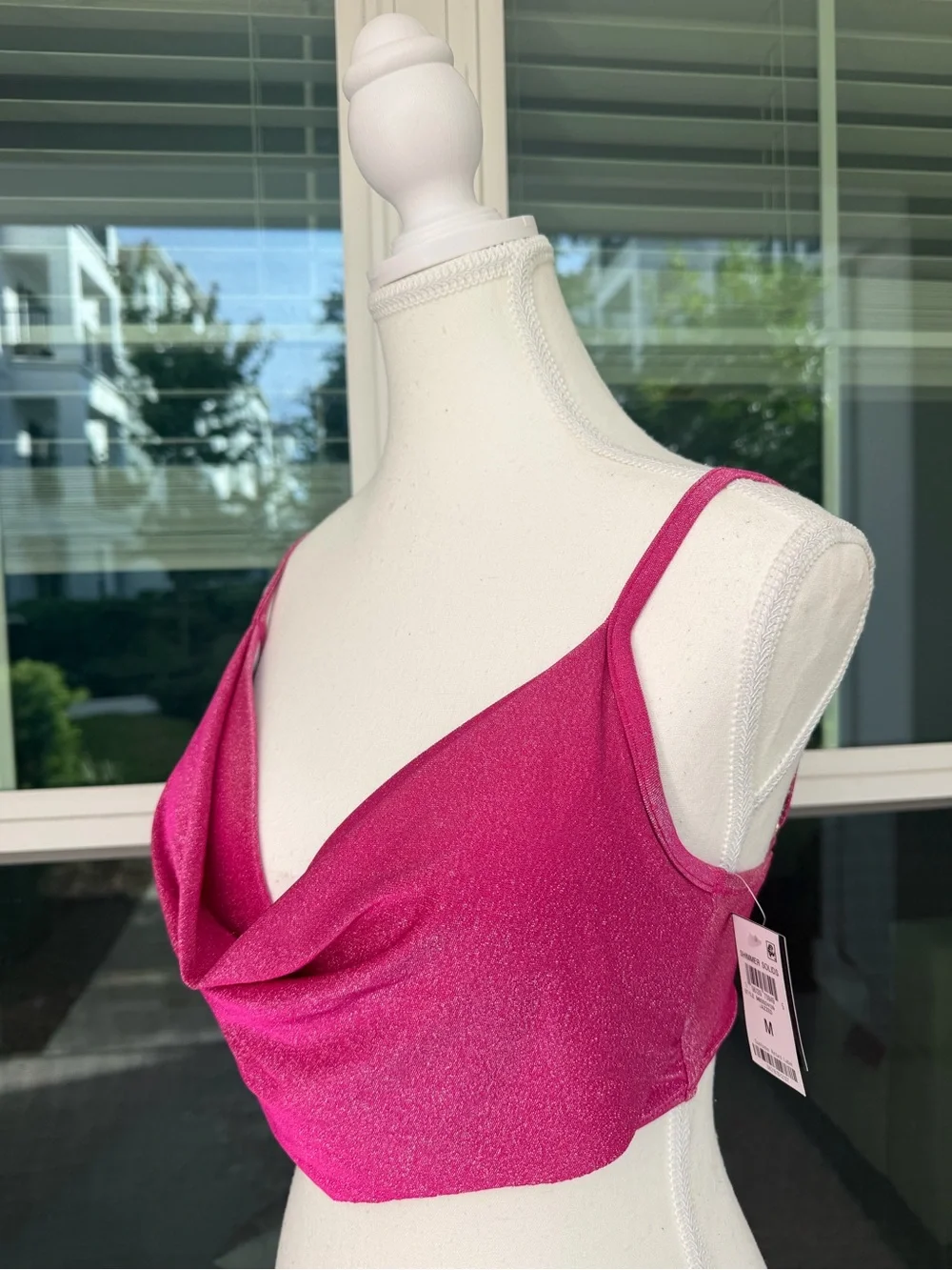 Macy’s NWT sparkly pink bikini top/ swimwear with open back and cowl neck size M
